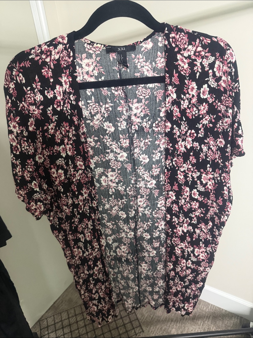 Forever 21 Black and Pink Floral Open-Front Kimono